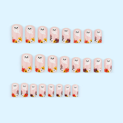 Artificial nails with ghost motif and flower accents Acalora