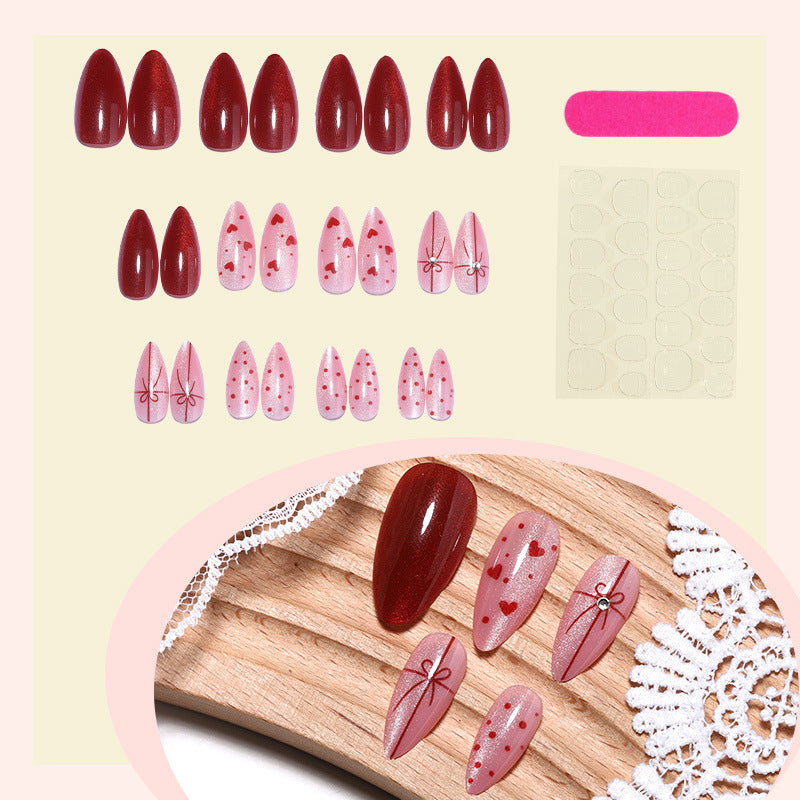 Decorative Press-On Nail Set with Heart and Bow Designs Acalora