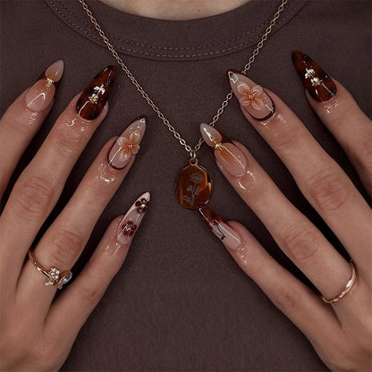 Artistic Press-On Nail Set with Elegant Floral Decor Acalora