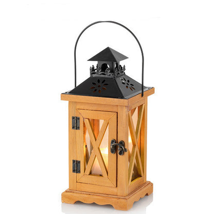 Rustic Distressed Wood Glass-Paneled Decorative Candle Lantern with Metal Top and Carry Handle Acalora