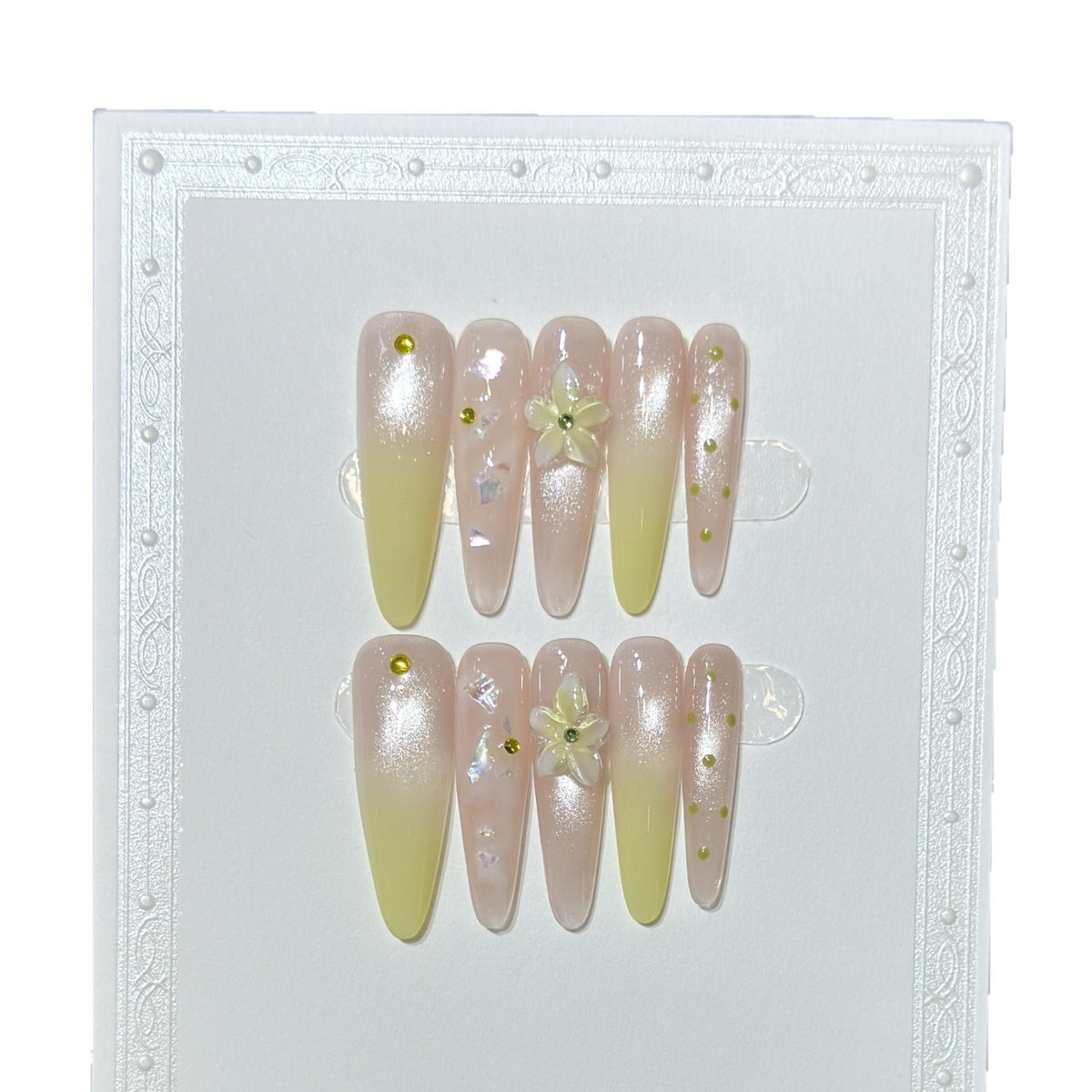 Elegant Long Stiletto Press-On Nail Art Set with Floral Accents Acalora