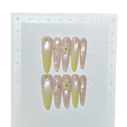 Elegant Long Stiletto Press-On Nail Art Set with Floral Accents Acalora