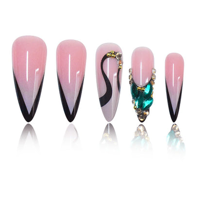 Artistic Stiletto Press-On Nail Art with Gemstone Accents Acalora