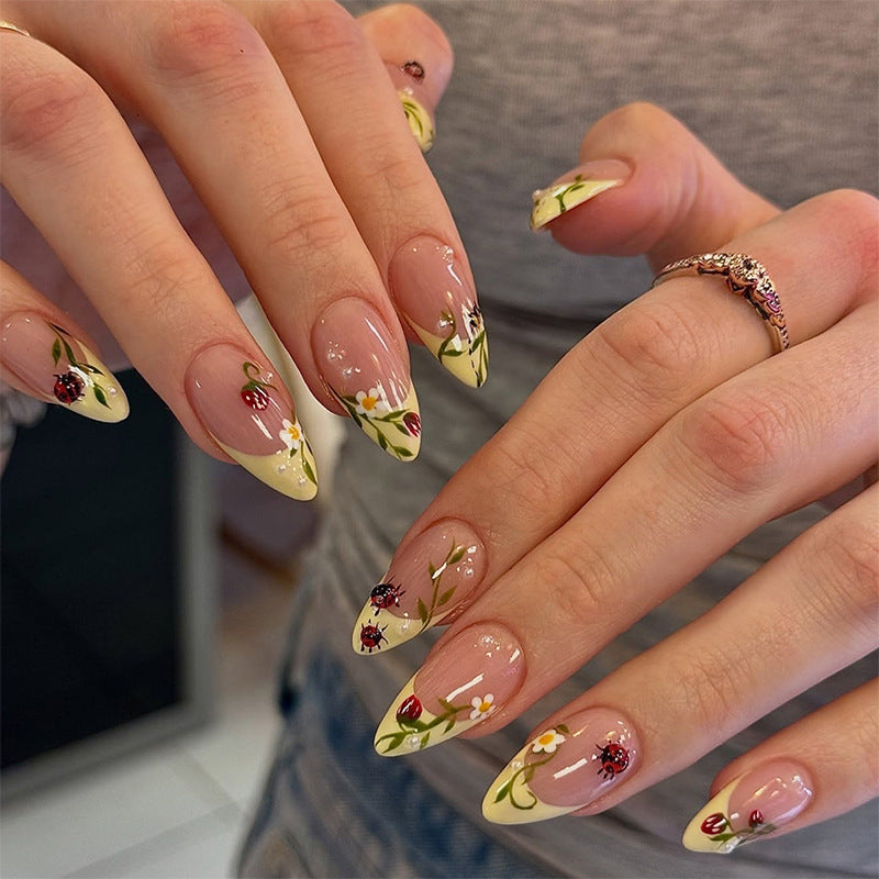 Floral Print Press-On Nails Set with Ladybug and Bee Designs Acalora