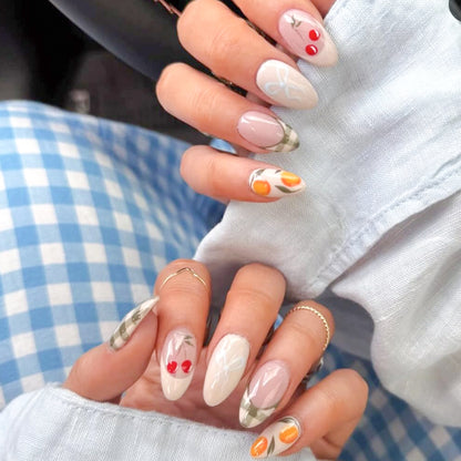 Artistic Press-On Nail Art Design Set with Fruit Accents Acalora