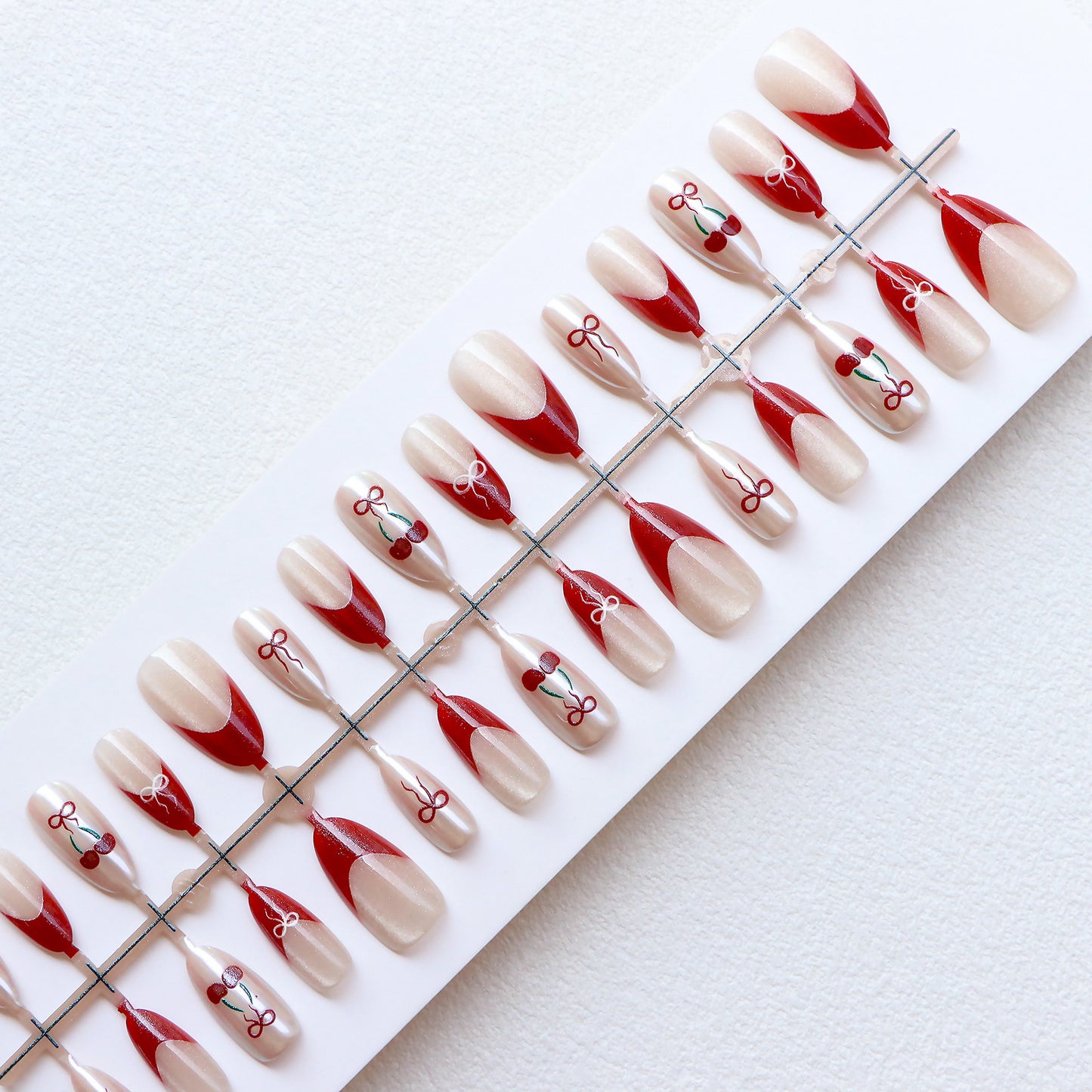 Artistic Press-On Nail Set with Cherry and Ribbon Design Acalora