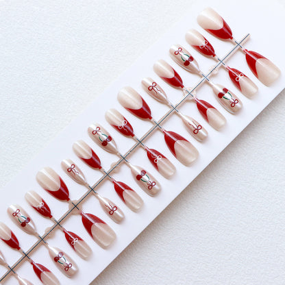 Artistic Press-On Nail Set with Cherry and Ribbon Design Acalora
