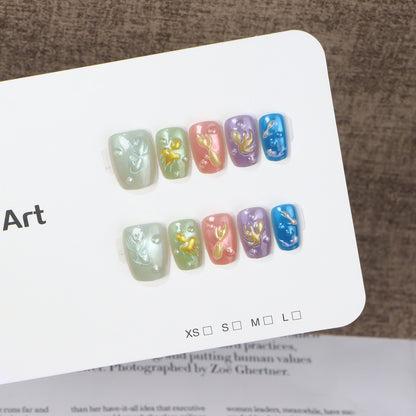 Artistic Press-On Nail Set with Floral Patterns Acalora