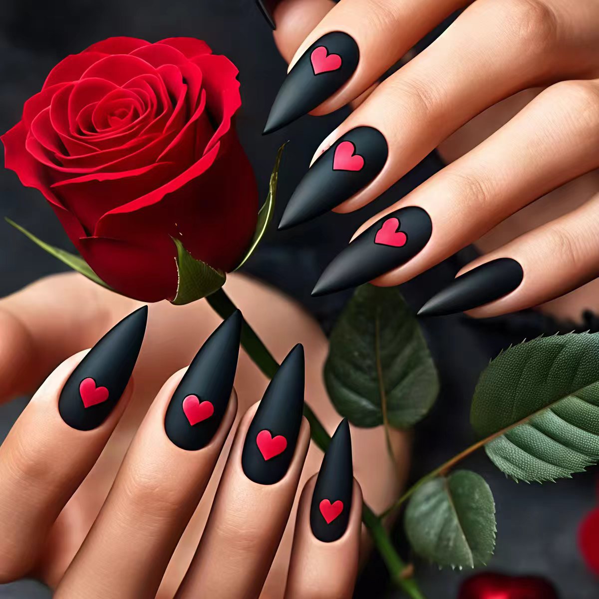 Heart-Embellished Matte Nail Art Acalora