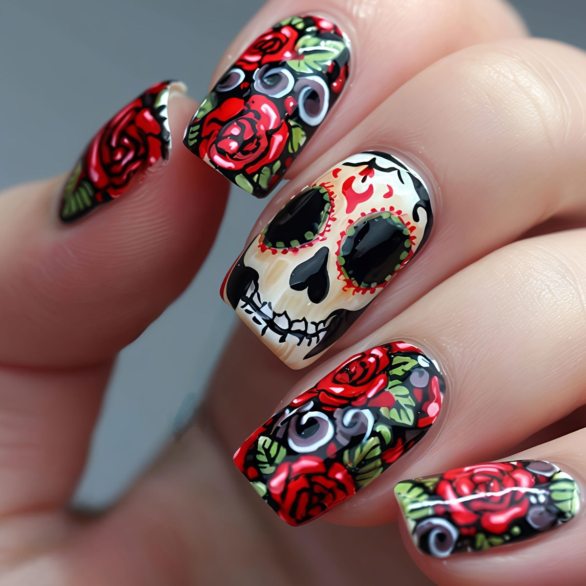 Artistic Skull and Rose Design Nail Art Acalora