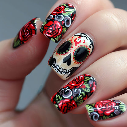 Artistic Skull and Rose Design Nail Art Acalora