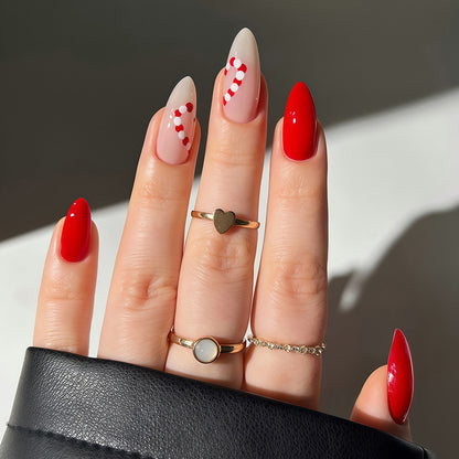 Seasonal Press-On Nail Art Set with Candy Cane and Glossy Finish Acalora