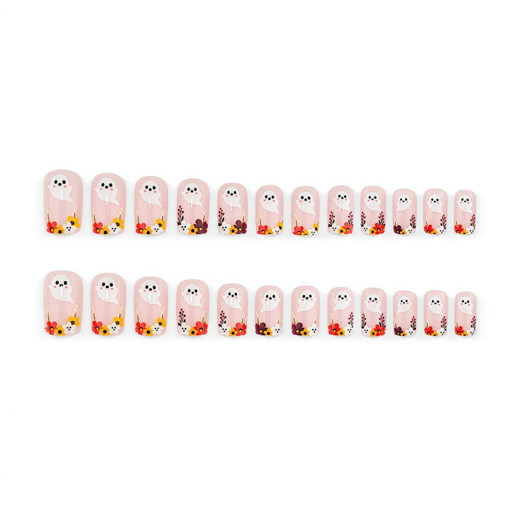 Artificial nails with ghost motif and flower accents Acalora