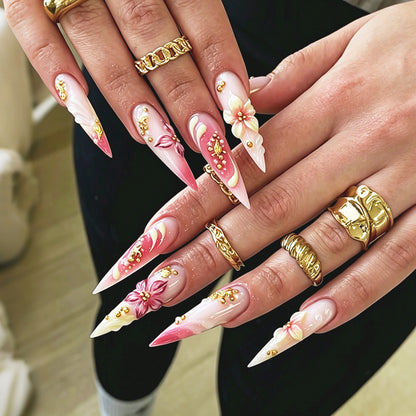 Decorative Stiletto Press-On Nail Art Set with Floral Accents Acalora