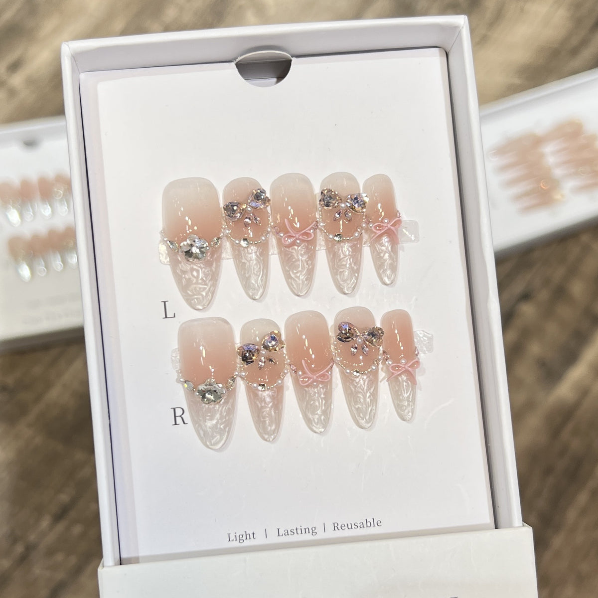 Decorative Stiletto Press-On Nail Set with Bow and Gem Accents Acalora