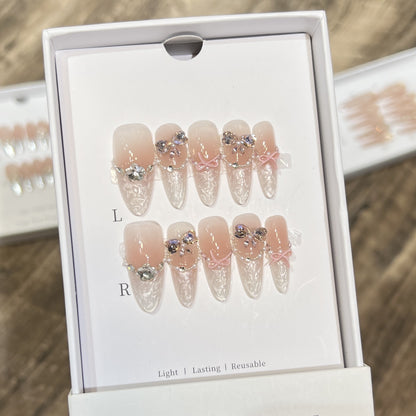 Decorative Stiletto Press-On Nail Set with Bow and Gem Accents Acalora