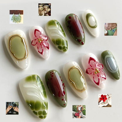 Decorative Press-On Nail Art Set with Floral and Gem Accents Acalora 1788496103