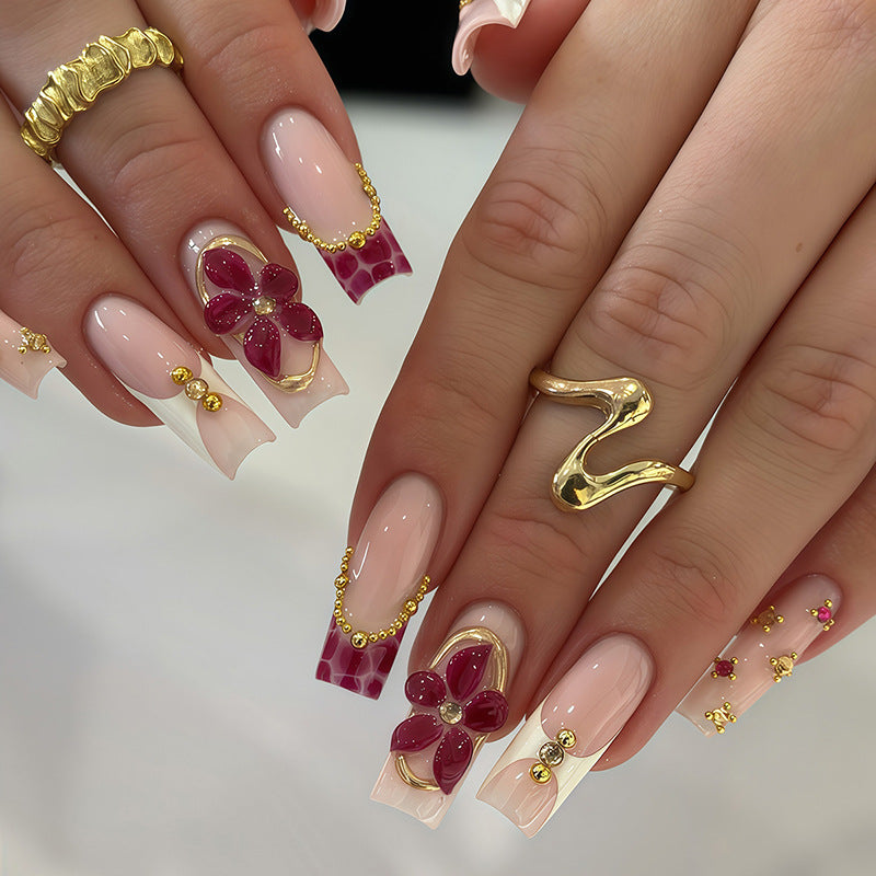 Premium Floral Design Press-On Nail Set with Decorative Elements Acalora