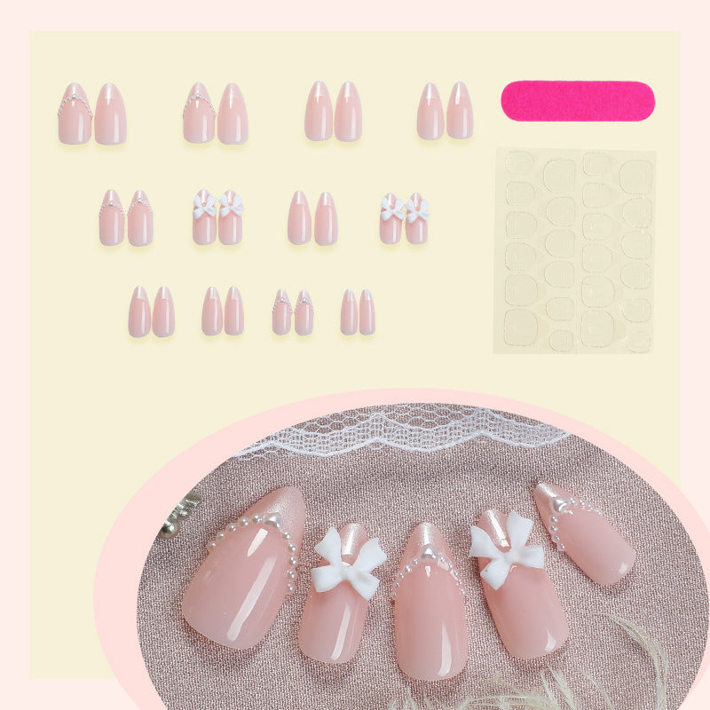 Decorative Press-On Nail Art Set with Elegant Bow and Pearl Accents Acalora