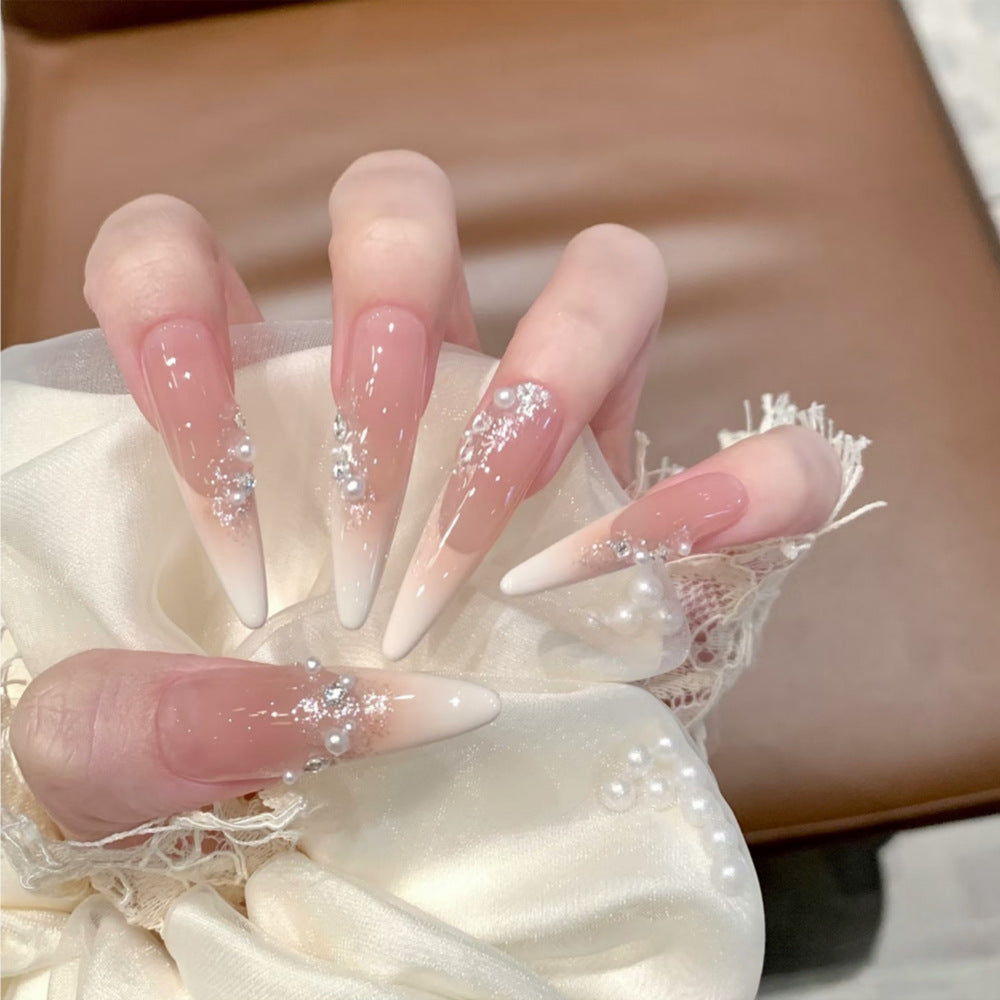 Elegant Stiletto Press-On Nail Art Set with Crystal and Pearl Accents Acalora