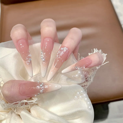Elegant Stiletto Press-On Nail Art Set with Crystal and Pearl Accents Acalora