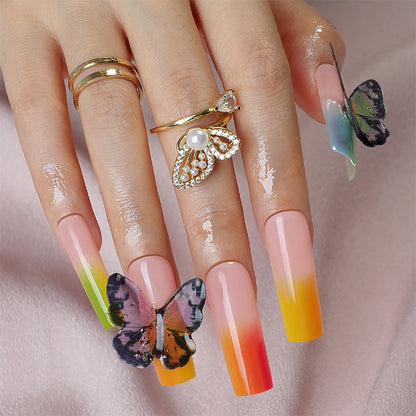 Artistic Press-On Nail Set with Butterfly and Gradient Design Acalora