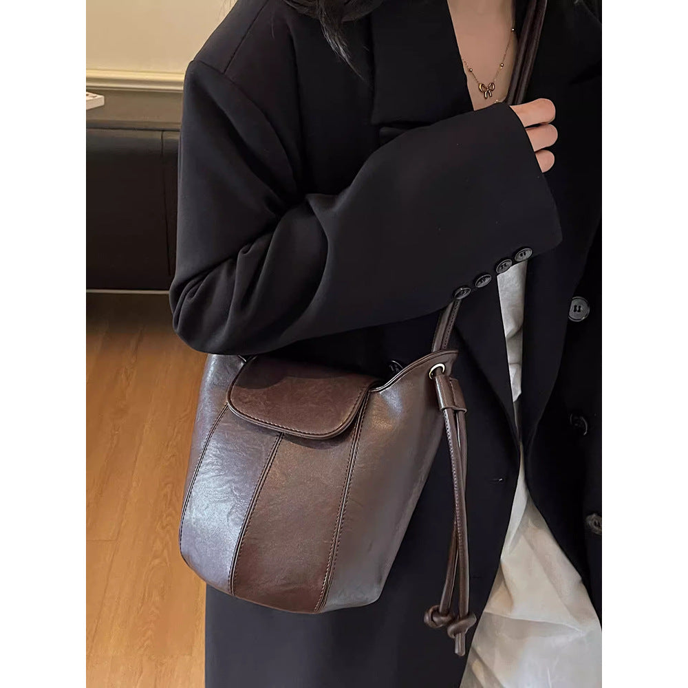 Vintage-Inspired Leather Drawstring Bucket Bag Acalora