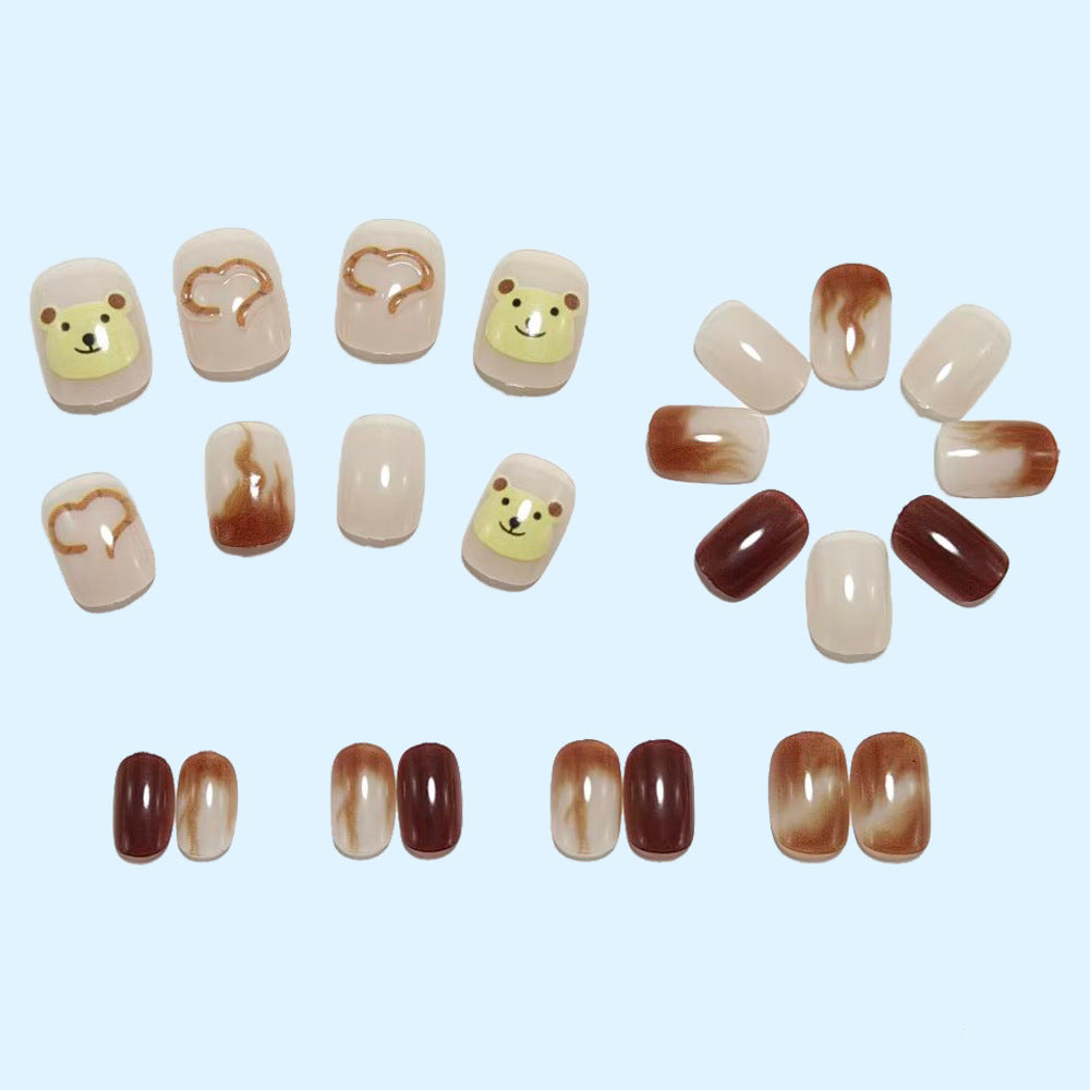 Artificial nails with cute bear design and elegant color gradients Acalora