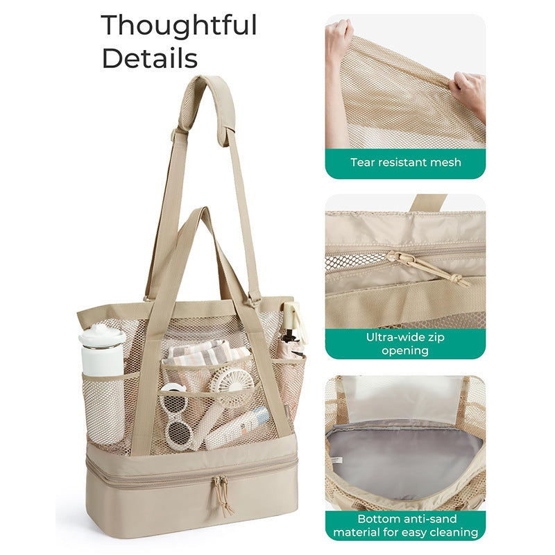 Insulated Mesh Beach Tote Bag with Multi-Compartment Storage Acalora