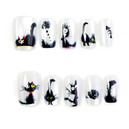 Whimsical Cat-Themed Press-On Nail Art Set Acalora