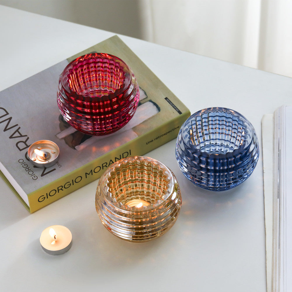 Ribbed Hand-Blown Glass Tealight Candle Holder Set Acalora