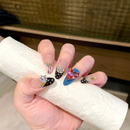 Artistic Press-On Nail Set with Colorful Jewel Accents Acalora