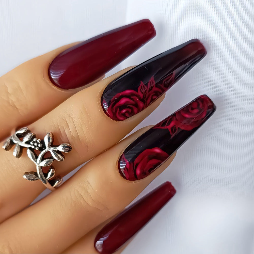 artistic nail tips with floral rose pattern Acalora