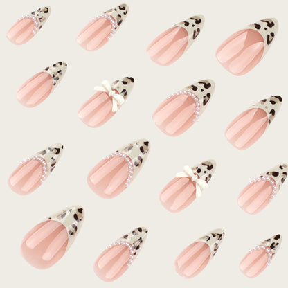 Artistic Press-On Nail Set with Bow and Animal Print Acalora