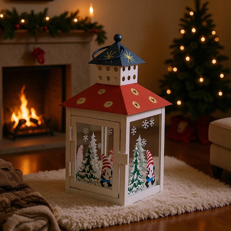 Decorative Holiday Gnome Lantern with Star-Cut Roof and Glass Panel Candle Holder Acalora