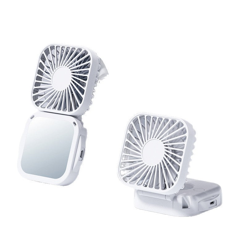 Unisex nan compact foldable clip on handheld desk fan with built in mirror adjustable tilt and USB rechargeable battery Bowlift