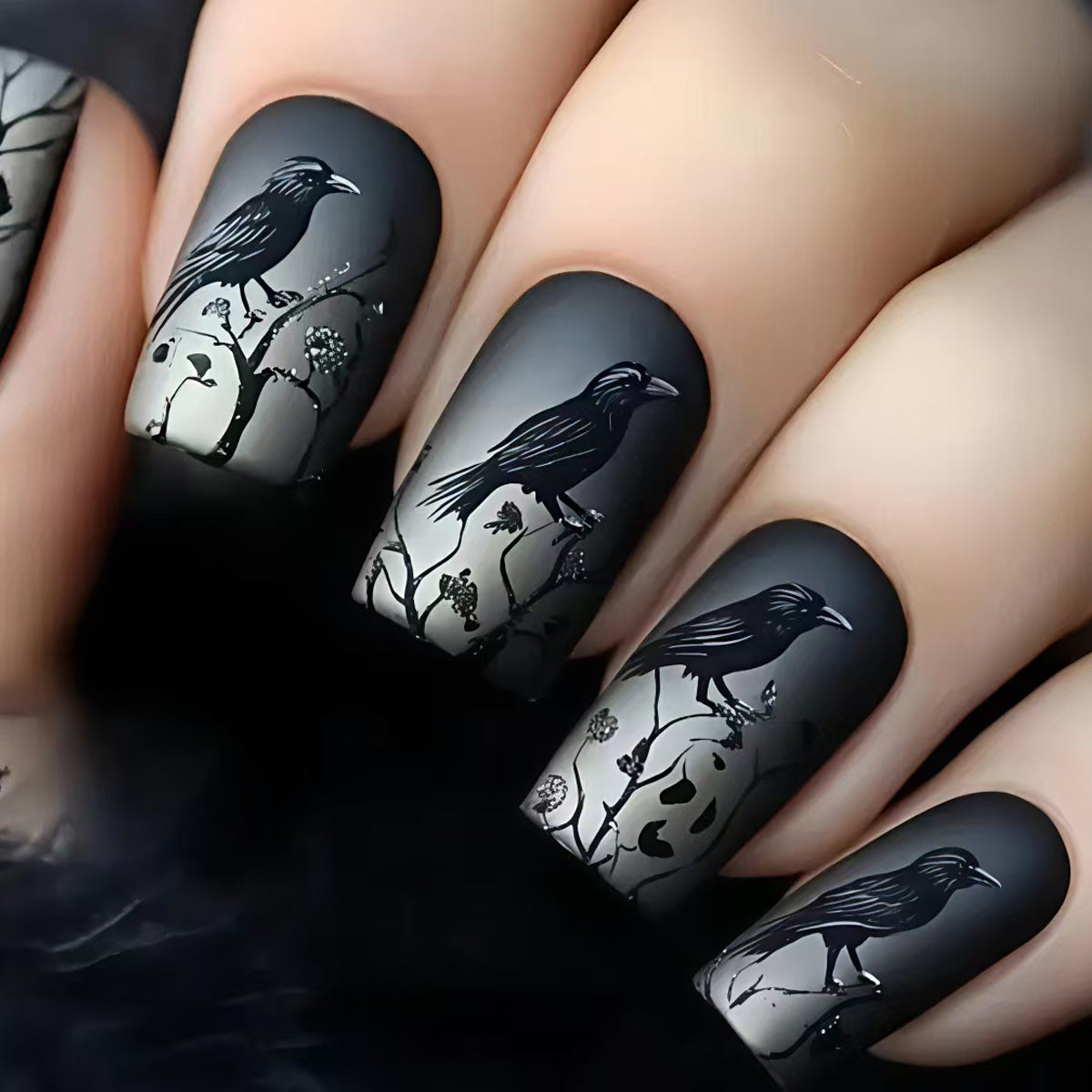 Artistic Raven-Themed Nail Art Acalora