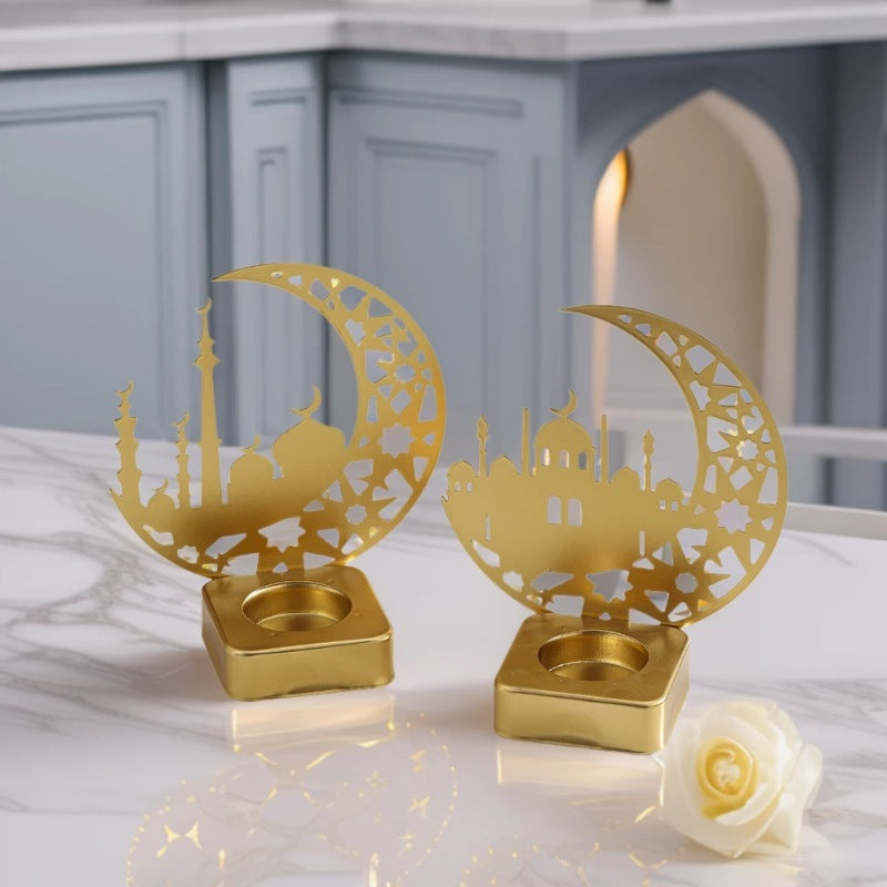 Crescent Silhouette Mosque Tea Light Lantern with Filigree Metal Base Acalora