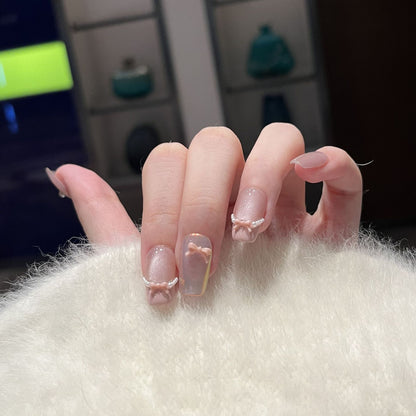 Decorative Press-On Nail Art Set with Artistic Bow and Pearl Accents Acalora