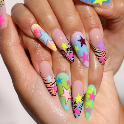 Artistic Press-On Nail Set with Colorful Star Patterns Acalora