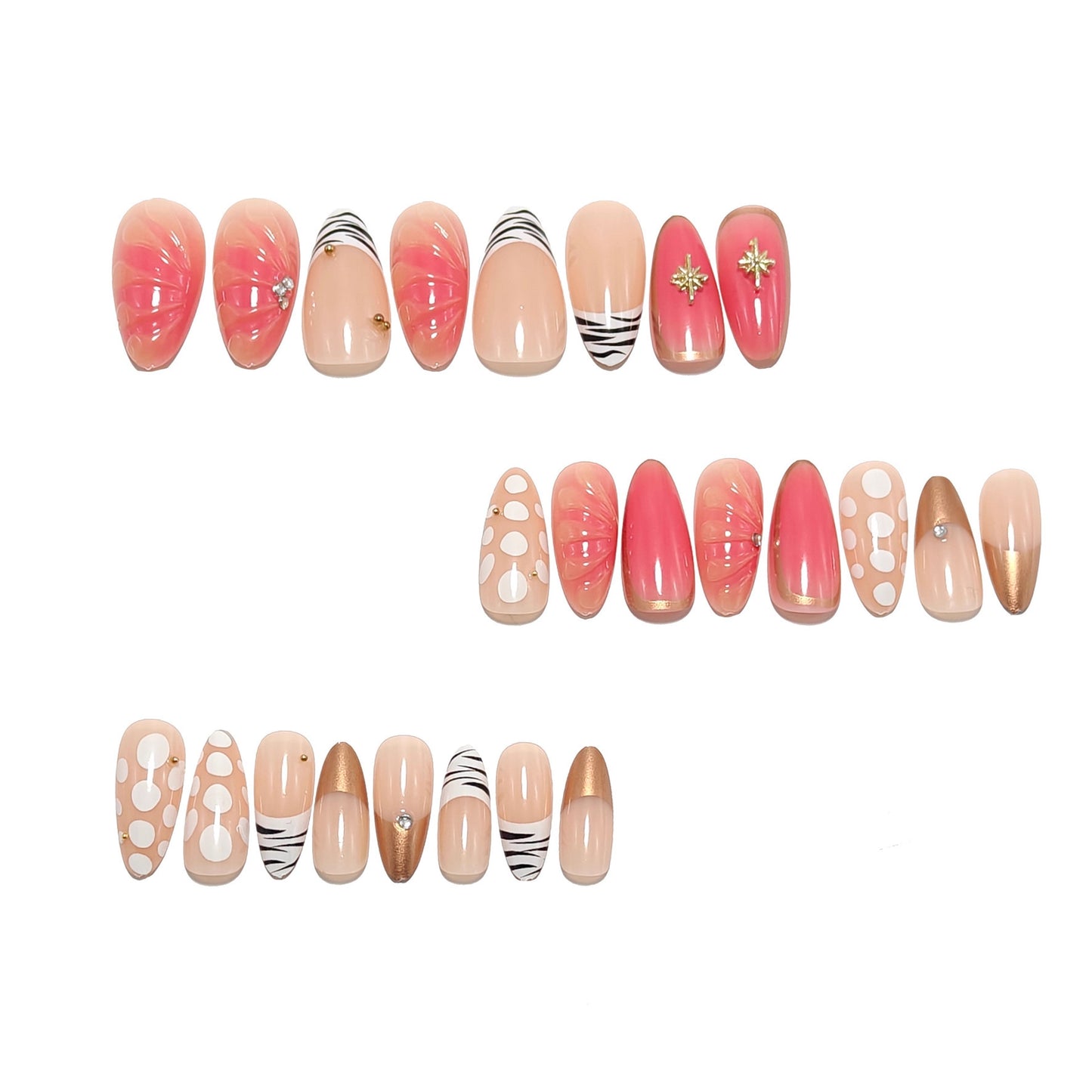 Acrylic nail set with elegant gold design and floral decor Acalora