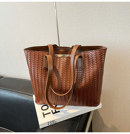Woven Leather Shoulder Tote Bag Acalora