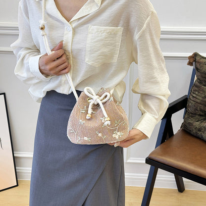 Embroidered Drawstring Bucket Bag Acalora