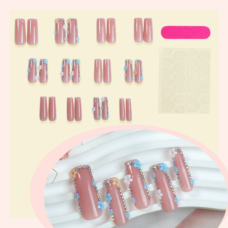 Decorative Press-On Nail Set with Floral and Gemstone Accents Acalora