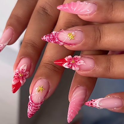Artistic Press-On Nail Set with Floral and Decorative Accents Acalora