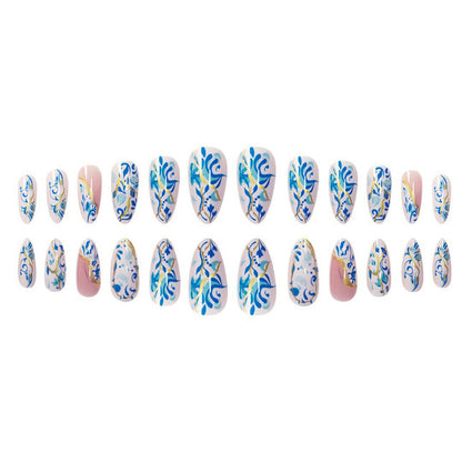 Artistic Floral Press-On Nail Design with Gold Accents Acalora