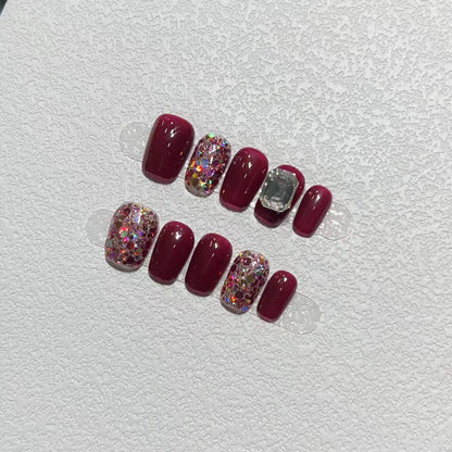 Elegant Press-On Nail Art Set with Gemstone Accents Acalora