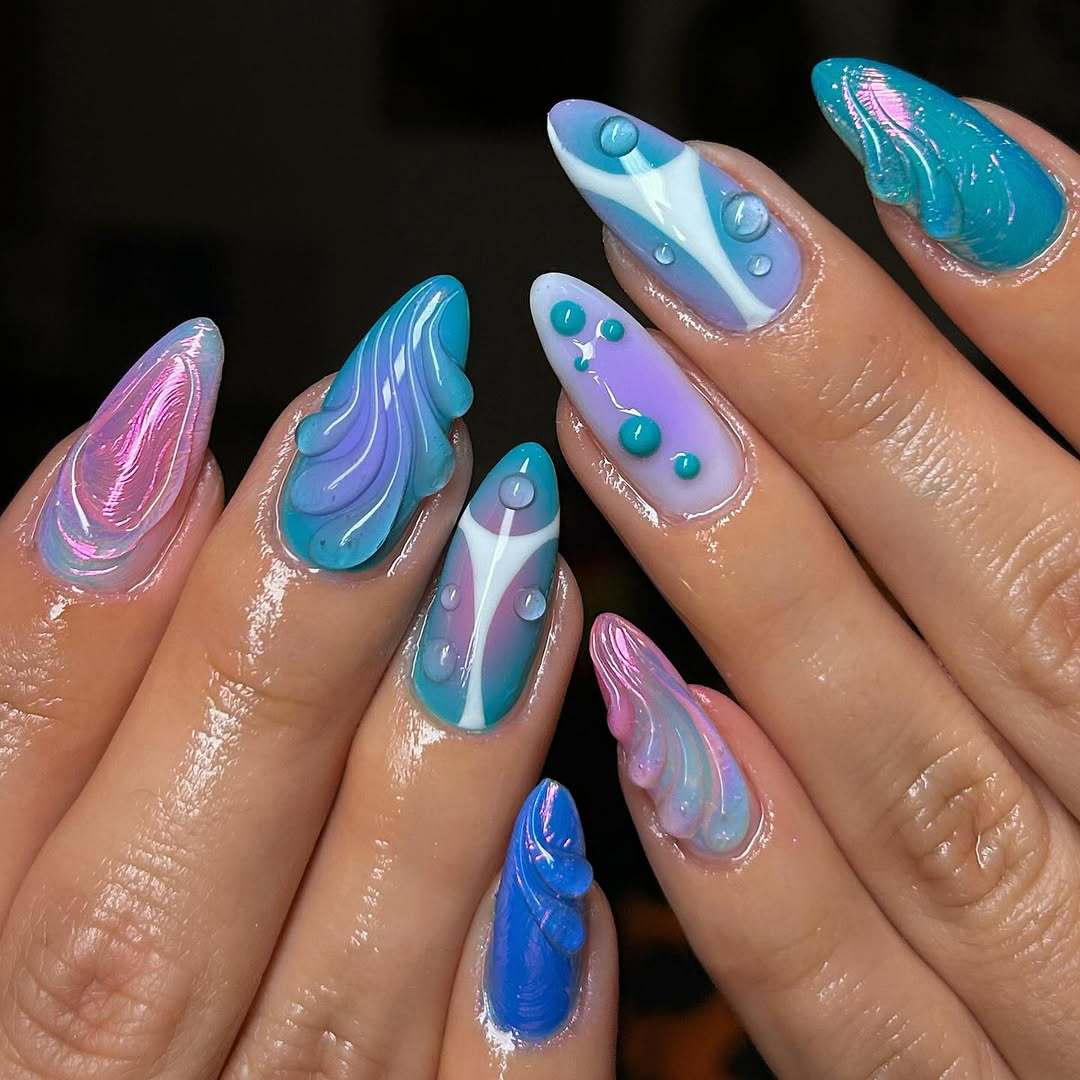 Acrylic Nail Set with Modern Aqua Designs Acalora