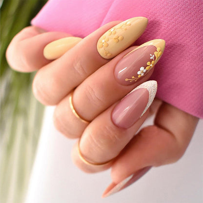 Premium Artistic Press-On Nail Set with Floral and Gem Accents Acalora