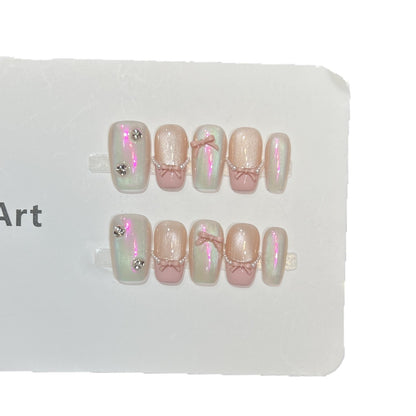 Decorative Press-On Nail Art Set with Artistic Bow and Pearl Accents Acalora